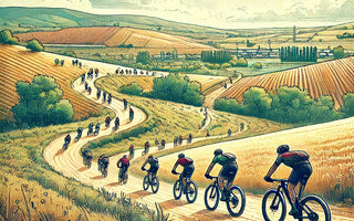 Ilustración de ciclistas recorriendo el paisaje rural de Villa de Fuentelespino de Haro durante la 6ª Edición de la Marcha MTB, con caminos de tierra, colinas y campos abiertos.