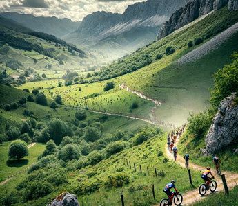 Ciclistas participando en la VII Marcha BTT Valle del Buelna, recorriendo paisajes naturales con valles verdes y rutas desafiantes.