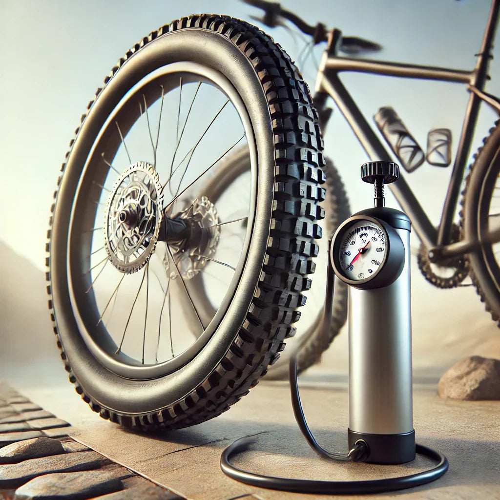 Rueda de bicicleta de montaña hinchándose con la presión correcta